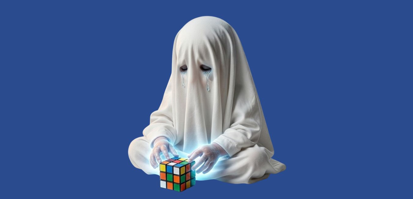 Sad ghost with Rubik's cube — post-conference illustration